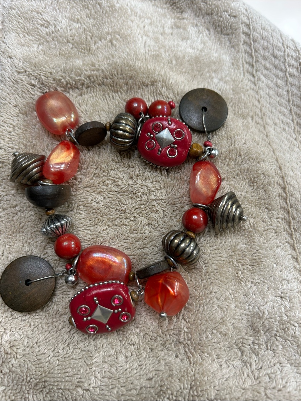 Chico’s Red Beaded Statement Bracelet with Metal Accents